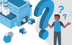 man by big question mark, 3PL fulfillment provider warehouse and trucks