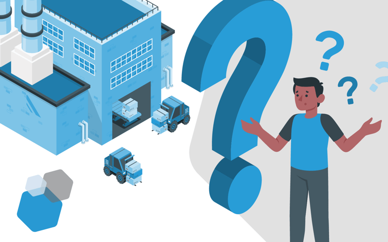 man by big question mark, 3PL fulfillment provider warehouse and trucks