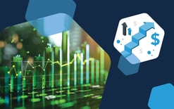 graph in hexagon with another hexagon with arrows and a rising stair arrow and dollar signs, representing a profit and loss-led marketing strategy 