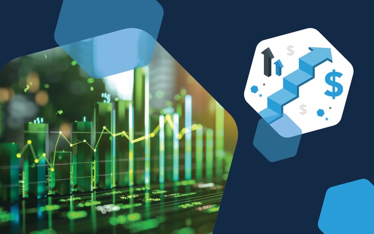 graph in hexagon with another hexagon with arrows and a rising stair arrow and dollar signs, representing a profit and loss-led marketing strategy 