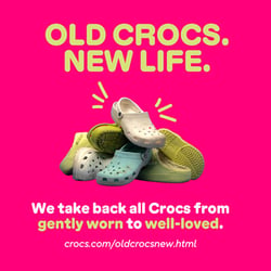 old crocs new life text with pile of used crocs