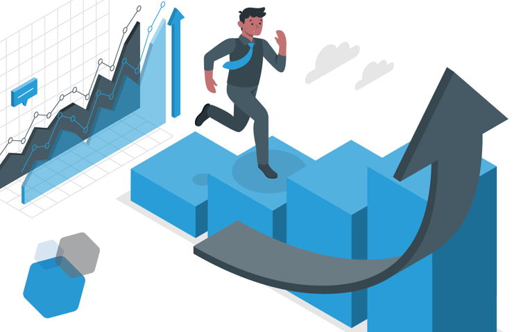 Man running up stairs reflects company growth