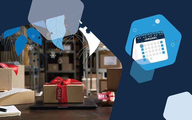 calendar and packages representing holiday season promotion planning for commerce
