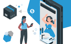 shipping package woman on phone watching tablet with beauty influencer representing customer experience