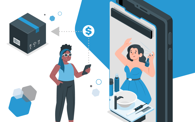 shipping package woman on phone watching tablet with beauty influencer representing customer experience