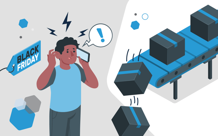 frustrated man on phone next to conveyor belt dropping packages, representing the challenges and high volume of BFCM and needing real-time solutions for when they occur