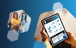woman shopping and infographic on tablet of BFCM results, representing Cart.com's performance and how peak season went overall