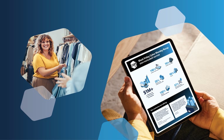 woman shopping and infographic on tablet of BFCM results, representing Cart.com's performance and how peak season went overall