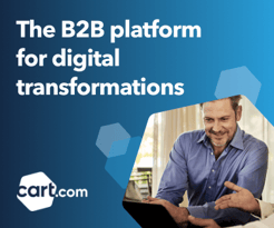 text reading the B2B platform for digital transformations, image of business man smiling at laptop