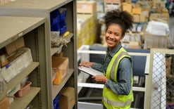 A warehouse worker utilizes the fulfillment services to catalog inventory