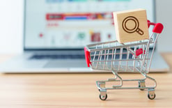 Photo of a shopping cart with a magnifying glass icon block and laptop computer with marketplace website