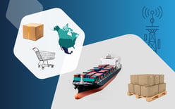 President Trump tariff announcements, UPS reducing Amazon business and Maersk ocean network updates represented by graphics in a hexagon