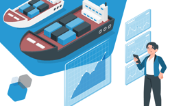 shipping containers, person analyzing data to measure supply chain performance