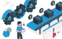 fulfillment center employee standing by conveyor belt and large graph representing an order management system