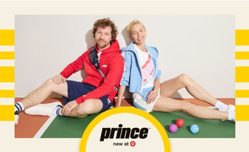 man and woman wearing prince brand retro sports clothing, pickleballs, target and prince logos