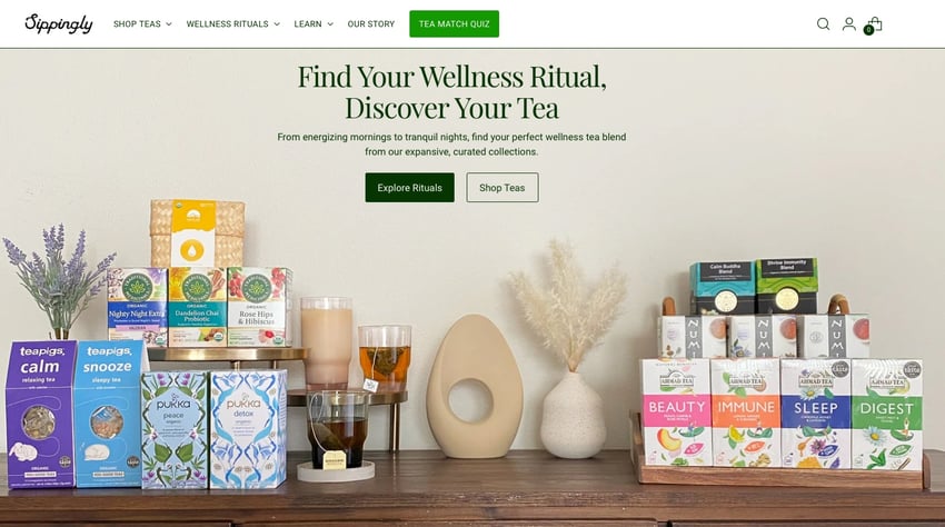 homepage screen of Sippingly tea brands new website