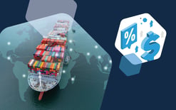 container ship with map and hexagon with percentages, dollar signs and up arrows, representing announcement of Trump administration plans for tariffs to be deployed on day one