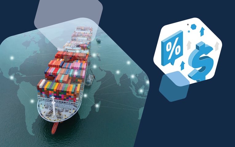 container ship with map and hexagon with percentages, dollar signs and up arrows, representing announcement of Trump administration plans for tariffs to be deployed on day one