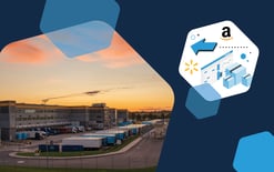 fulfillment center with trucks and hexagon with graphics representing Walmart and Amazon fulfillment services