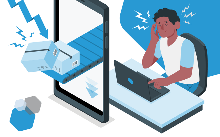 frustrated man at computer dealing with b2b commerce challenges