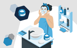 illustration of woman in bathroom applying face cream, representing beauty products ecommerce industry