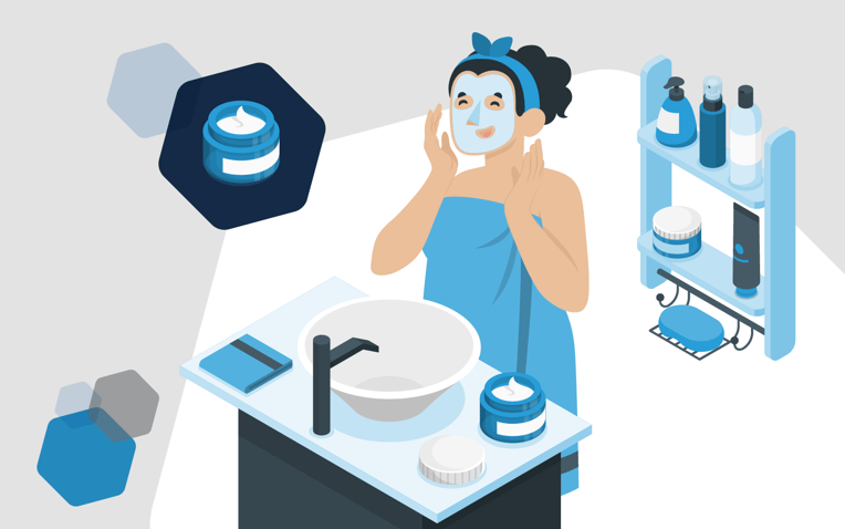 illustration of woman in bathroom applying face cream, representing beauty products ecommerce industry