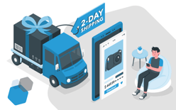 2 day shipping benefits illustration, delivery truck with two day shipping gift tag