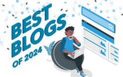 man sitting in chair with coffee and laptop next to screen with images and lines, representing the best Cart.com blogs of 2024