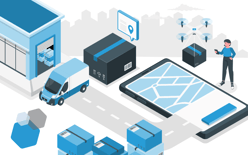 hybrid order fulfillment graphic with loading trucks, packages and tracking software