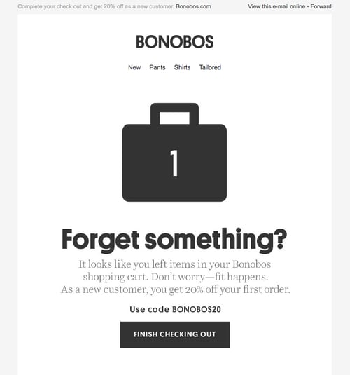 bonobos abandoned cart email inviting customer back to finish checkout