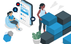 illustration of woman stacking building blocks, represents brand building