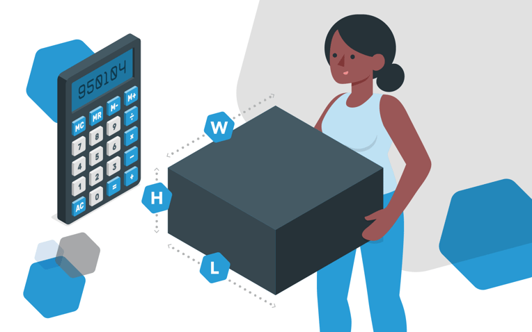 calculator, woman holding a package with width Height and Length dimensions