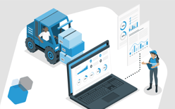 illustration with large computer and forklift, representing digital warehouse management system