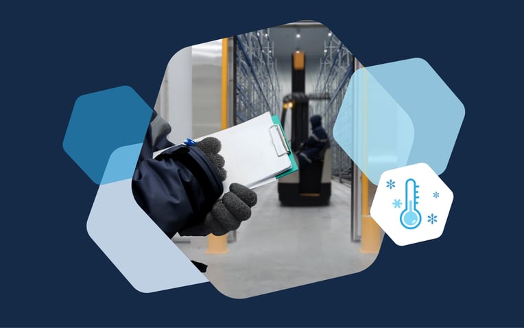person with gloves and clipboard in cold storage warehousing facility, hexagon with temperature symbol showing cold