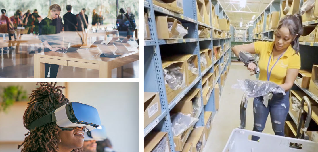 collage of photos, woman using vr goggles, fulfillment warehouse employee packing order, worker using omnichannel technology
