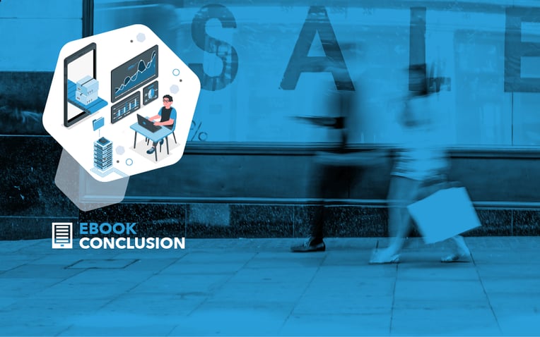 retail consumers walking with shopping bags, illustration of data tech used in omnichannel retail fulfillment