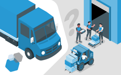 supply chain outsourcing graphic with a box truck, a forklift and 3PL warehouse workers