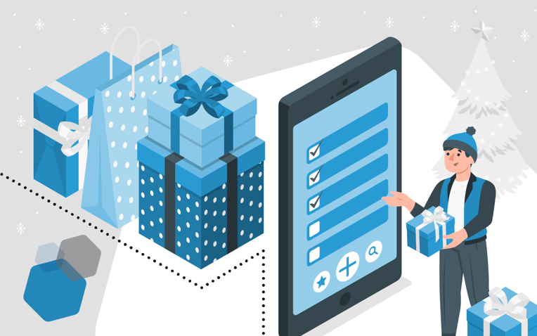 mobile device with stack of gifts representing a customer gift guide 