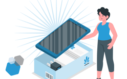 female consumer unboxing new phone, smiling, having a positive customer experience