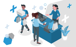 happy employee serves shoppers