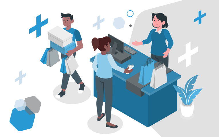 happy employee serves shoppers