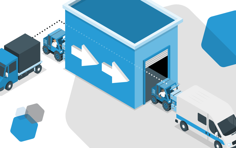 illustration of warehouse trucks cross-docking at ecommerce fulfillment center