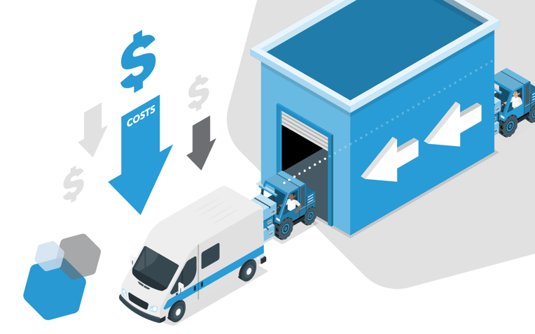 truck going through warehouse quickly, down arrows, dollar signs, representing cross-docking to reduce inventory costs
