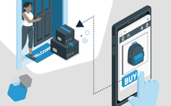 purchase screen with backpack, arrow to shipping boxes on doorstep, represents fast shipping expectations