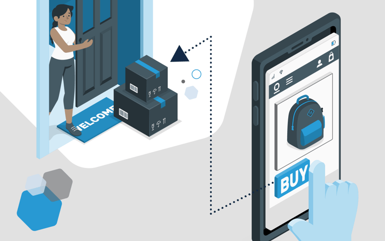 purchase screen with backpack, arrow to shipping boxes on doorstep, represents fast shipping expectations