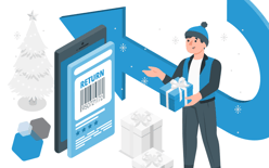 person holding gift next to arrow and bar code with the word return and holiday decorations in background