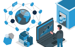 person standing at computer near a globe, network, packages, and warehouse, represents a distribution network supporting omnichannel fulfillment operations