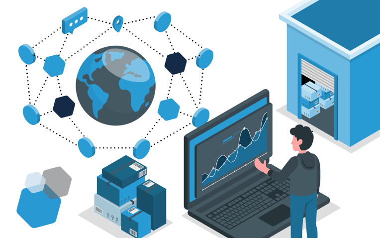 person standing at computer near a globe, network, packages, and warehouse, represents a distribution network supporting omnichannel fulfillment operations