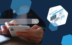 person shopping on phone next to hexagon with product pages and word SEO, representing the do's and don'ts of SEO in retail marketing