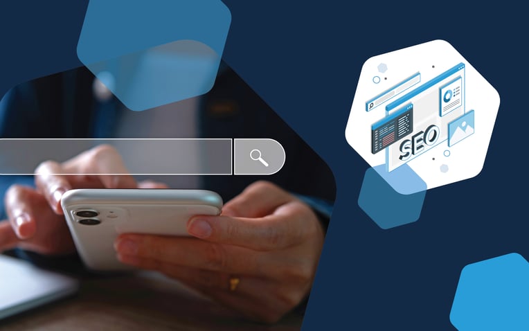 person shopping on phone next to hexagon with product pages and word SEO, representing the do's and don'ts of SEO in retail marketing